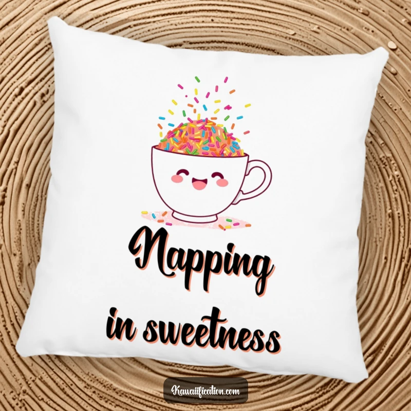 Funny pillow with a cheerful teacup overflowing with dancing sprinkles, a cozy and sweet decor item.