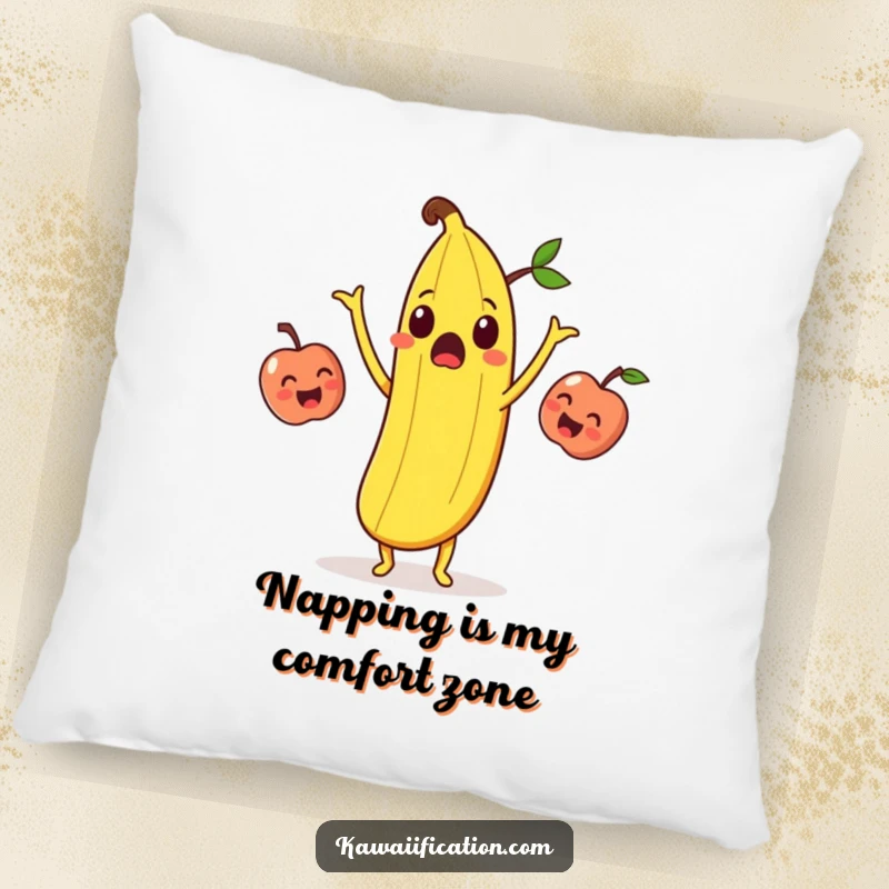 Funny surprised banana peel juggling laughing apples on a soft pillow, perfect for adding humorous comfort.