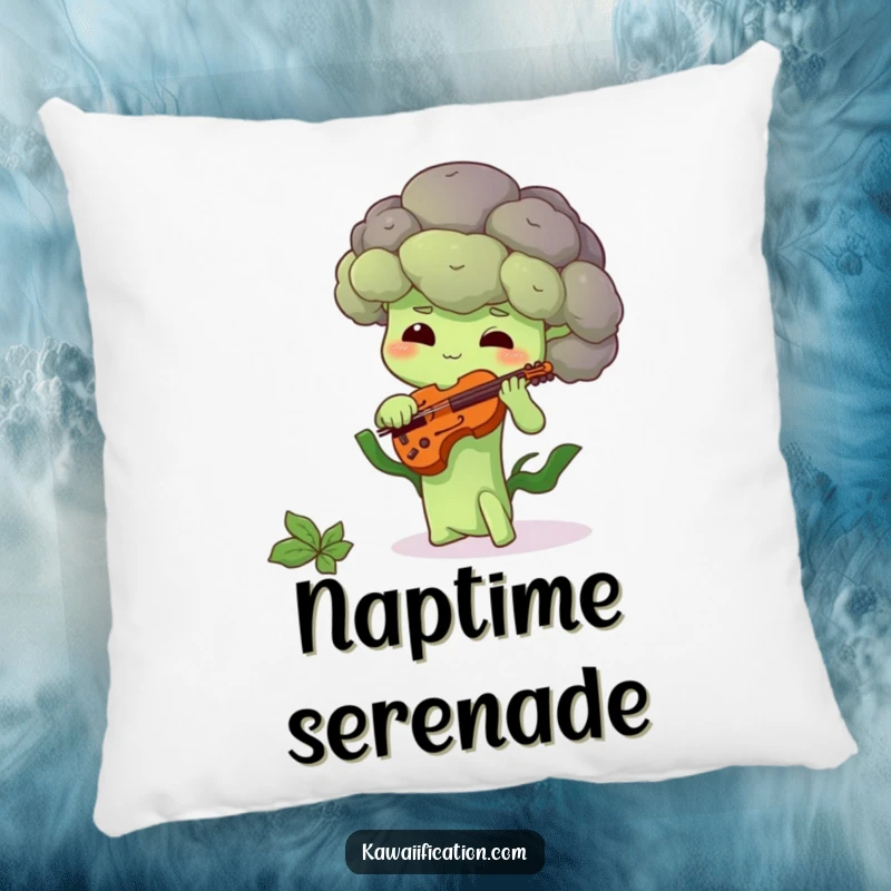 Funny pillow featuring a shy broccoli floret playing a tiny violin, adding a touch of humorous comfort.