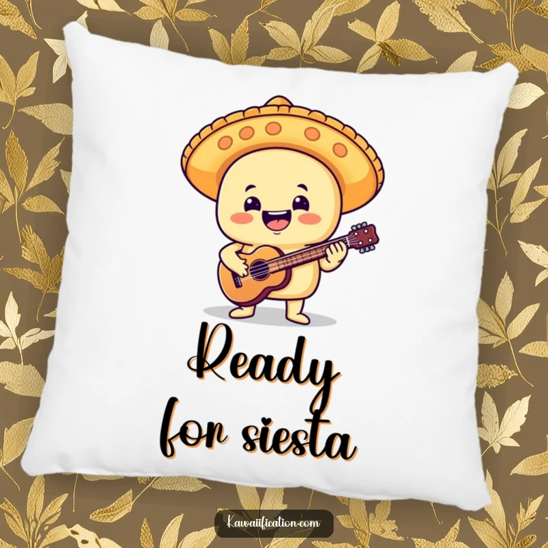 Funny pillow showing a delighted taco wearing a mariachi hat, enthusiastically playing a tiny guitar, adding comfort and humor to relaxation.