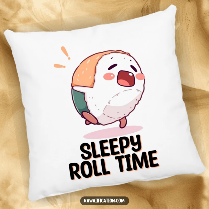 Funny pillow with a startled sushi piece character doing a hilarious backflip, perfect for adding comfort and surprise.
