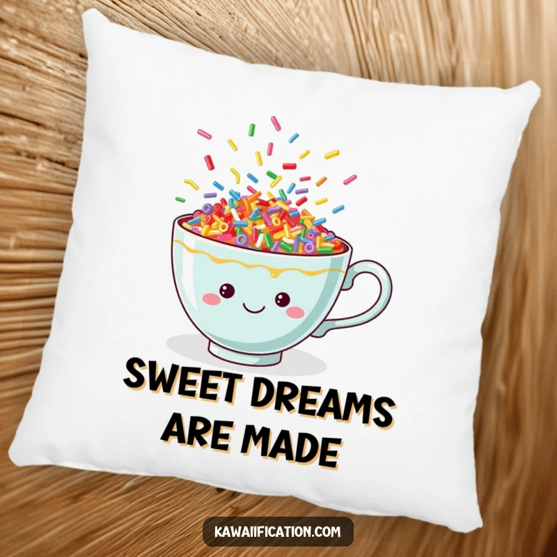 Funny sprinkle teacup pillow, soft and comfortable, decorated with a cheerful overflowing cup of dancing bright sprinkles.