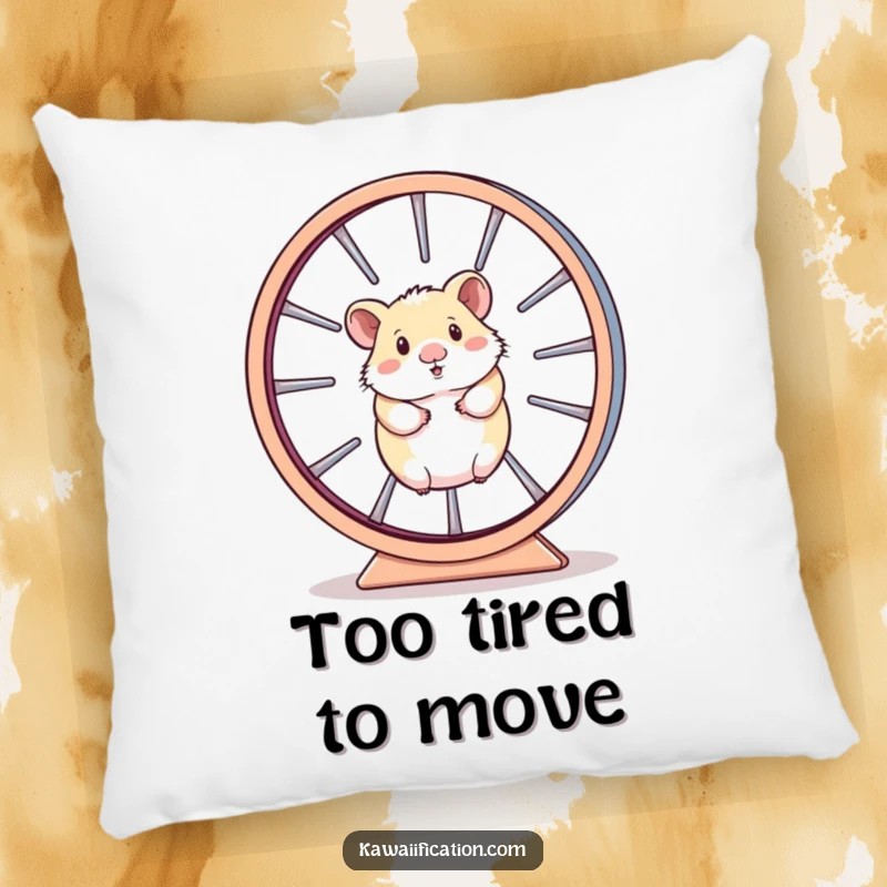 Funny Pillow featuring a hamster trapped in a large, spinning wheel, designed to bring comfort and a chuckle to any room.