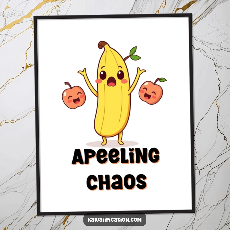 Funny surprised banana peel juggling laughing apples as digital art, ready to print for humorous wall decor.