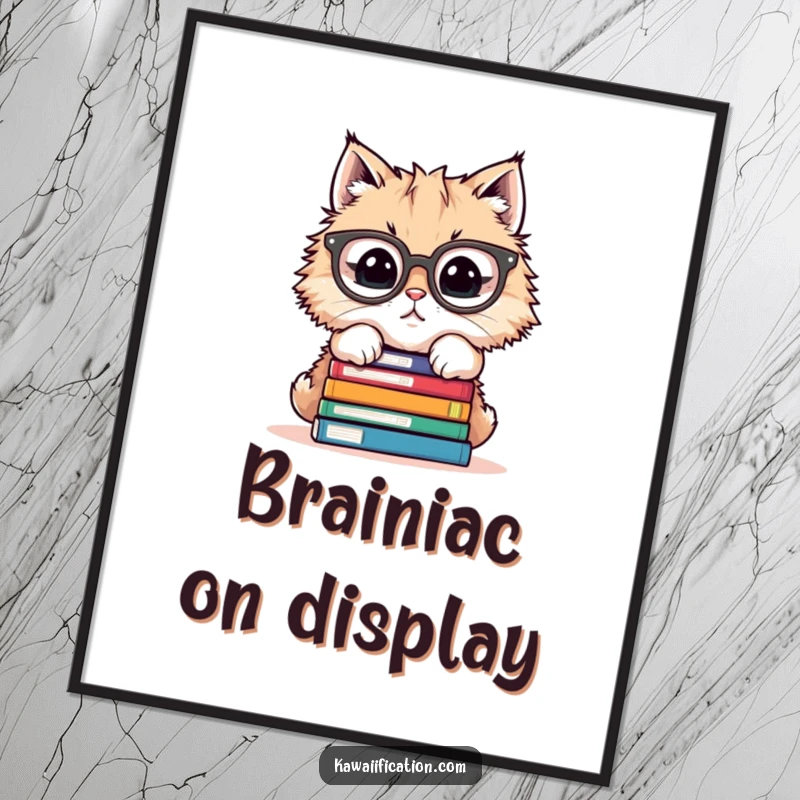 Funny digital art print of a cat with oversized glasses, precariously balancing a huge stack of books, whimsical art.