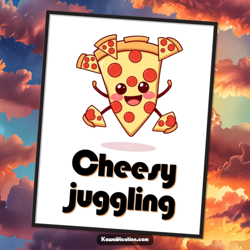 Funny pizza digital art, smiling slice juggling pepperoni slices, humorous and appetizing illustration for decor.