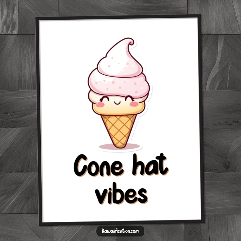 Funny Digital Art Print: A playful ice cream cone character wearing a hat. Sweet, charming, and humorous digital decor.
