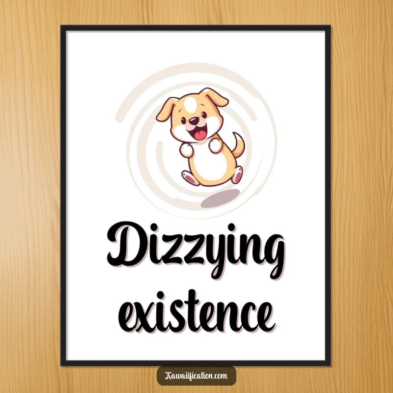 Funny dog digital art, bewildered dog chasing its tail in a dizzying spiral, humorous and energetic illustration for decor.