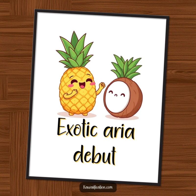 Funny digital art print of a cheerful pineapple singing opera to a shy coconut, capturing hilarious tropical musical art.