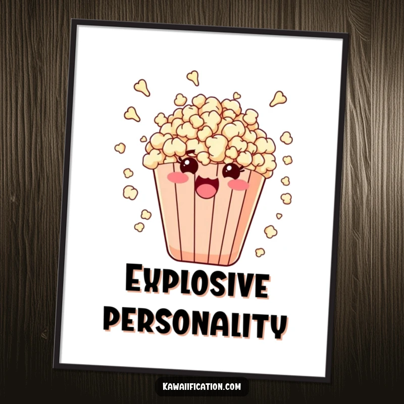 Funny digital art print of a bag of popcorn comically bursting outwards with extreme enthusiasm and kernels flying.