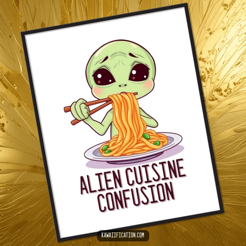 Funny Digital Art print of a confused alien struggling to eat spaghetti with chopsticks, adding whimsical and humorous intergalactic charm.