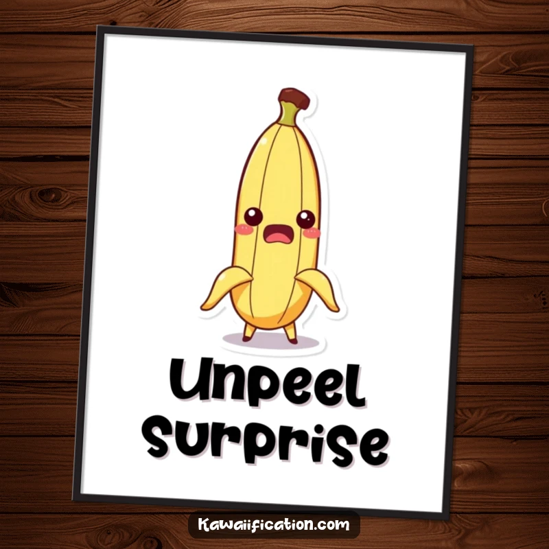Funny digital art print of a startled banana character comically slipping out of its peel, offering instant humorous decor.