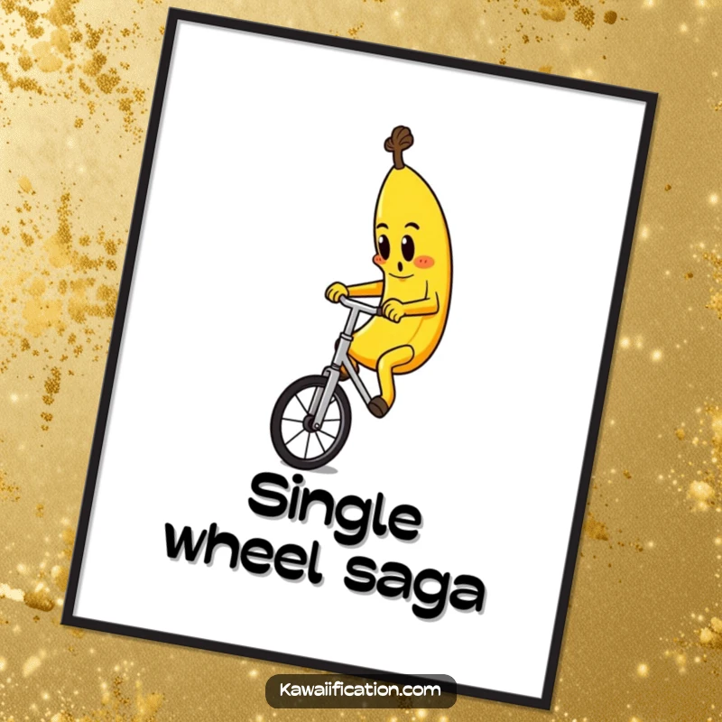 Funny digital art print of a determined banana character expertly riding a unicycle, ready to bring laughter to any viewer.