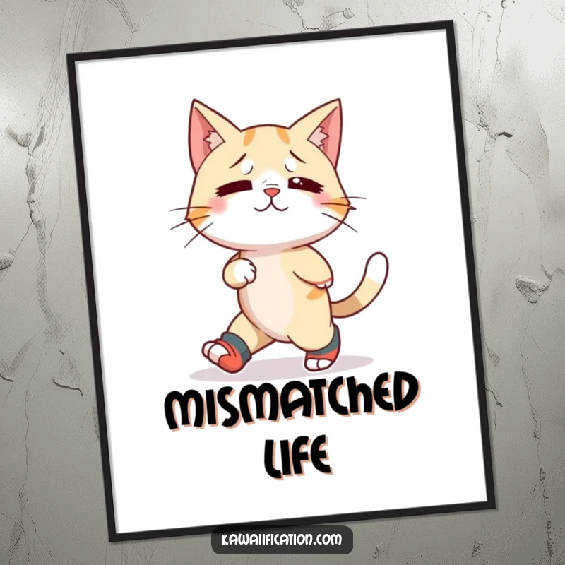 Funny digital art print of a confused cat humorously wearing mismatched socks and attempting backward motion, ready for display.