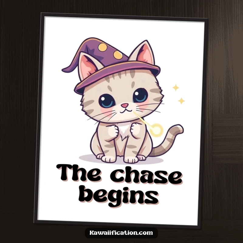 Funny cat wizard digital art print wearing a tiny hat, conjuring a laser dot, instant magical feline art, a great funny gift.