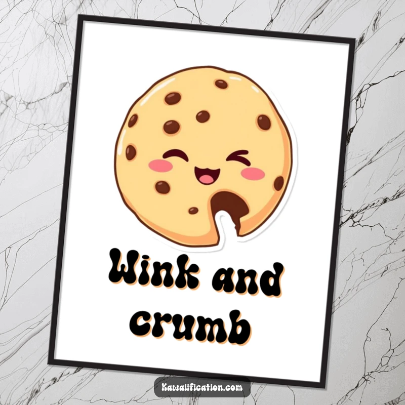 Funny Digital Art Print: A cookie character with a bite missing gives a playful wink. Charming and humorous digital decor.
