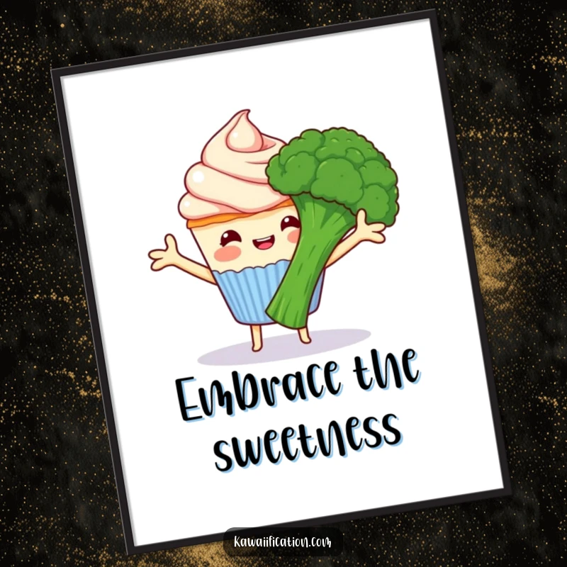 Funny happy cupcake with frosting arms hugging grumpy broccoli, high-resolution digital art of comical food characters, ideal for a funny gift.