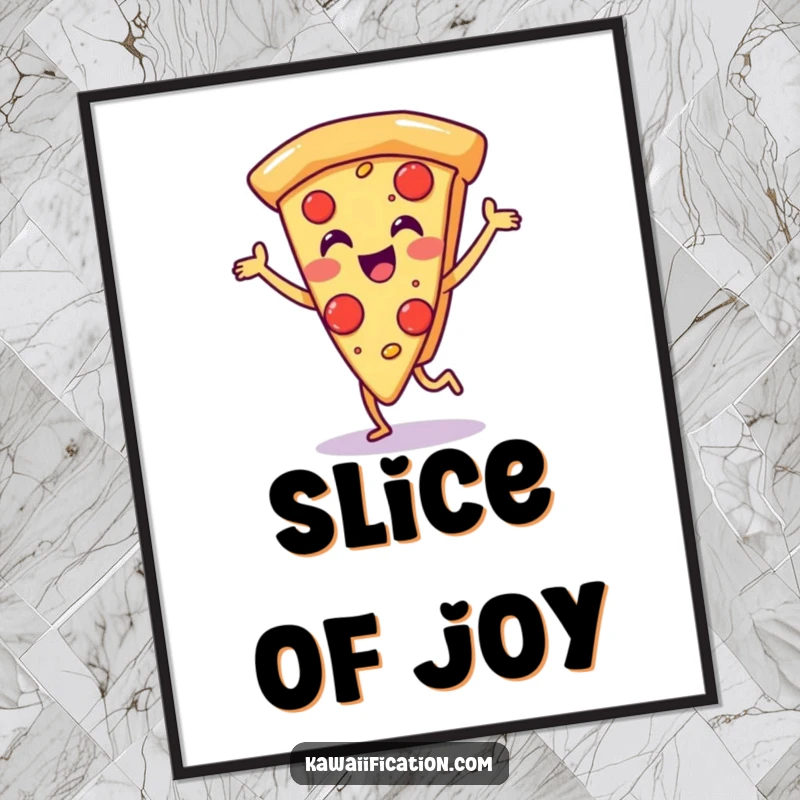 Funny digital art print of a pizza slice character doing a lively dance, offering instant humorous wall art.
