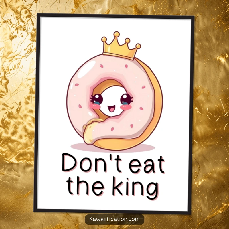 Funny Digital Art print of a crowned donut comically escaping a bite, adding whimsical and humorous charm to any space.