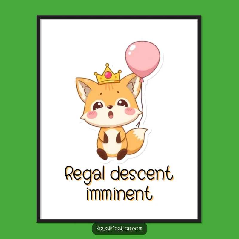 Funny Fox Balloon Fall Digital Print: Surprised Crowned Art, Whimsical Download