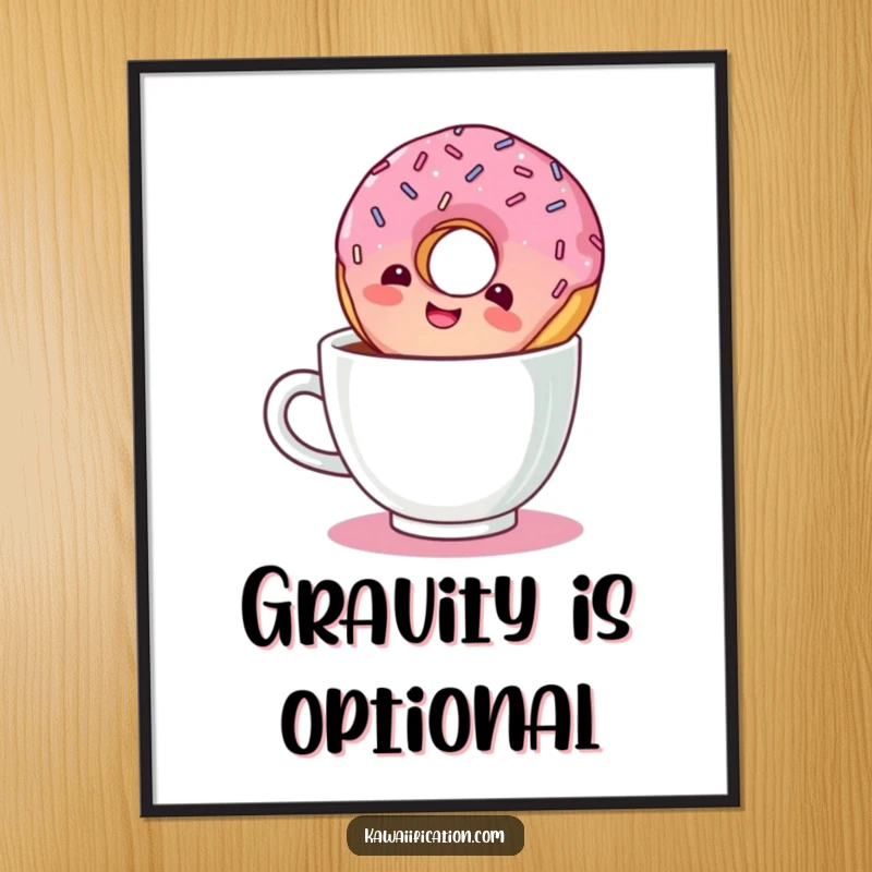 Funny digital art print of a giggling donut with sprinkles floating upside down in a coffee cup.