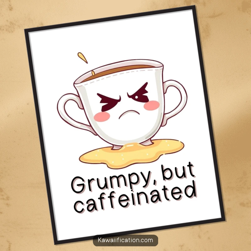 Funny digital art print of a grumpy teacup spilling its drink while attempting a wink, capturing morning humor.