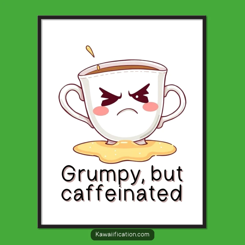 Funny Grumpy Teacup Digital Art: Hilarious Coffee Spill Wall Decor Gift