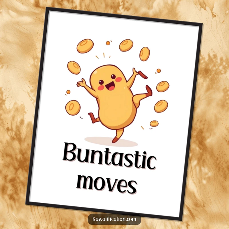 Funny hot dog character cartwheeling and juggling buns as digital art, ready to print for dynamic and humorous decor.