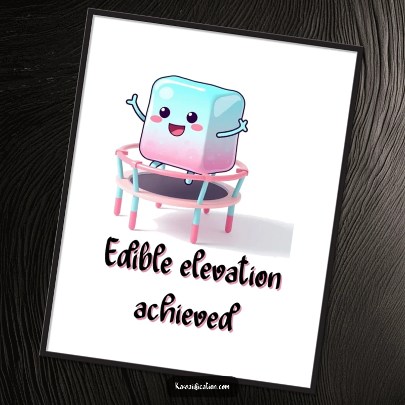 Funny digital art print of a gleeful jelly cube character bouncing with abandon on a candy trampoline, capturing pure, unadulterated, sugary fun.