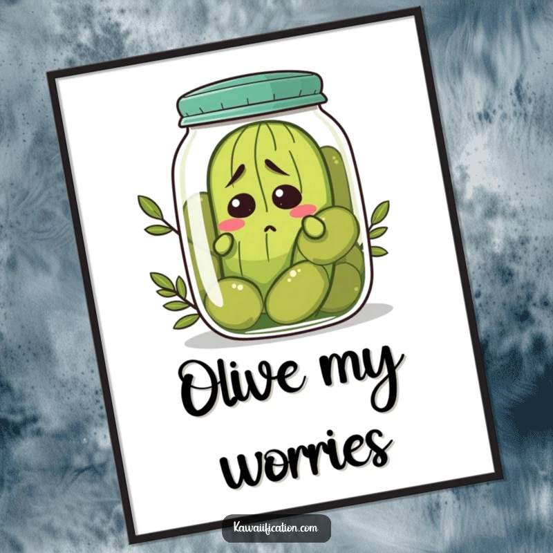 Funny nervous pickle digital art print trying to hide in a jar of olives, instant relatable humor for your walls, a great funny gift.