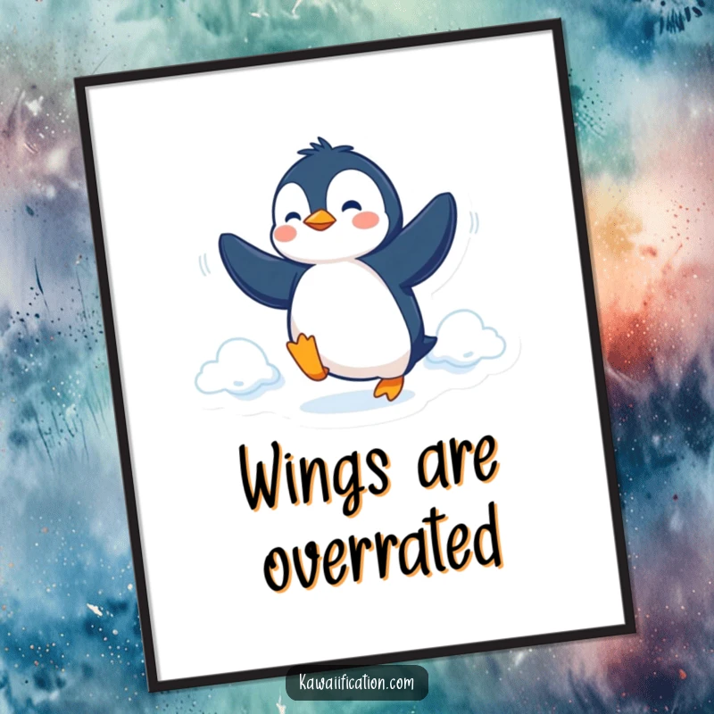 Funny Digital Art Print of a determined penguin attempting flight with flippers, offering instant inspirational humor.