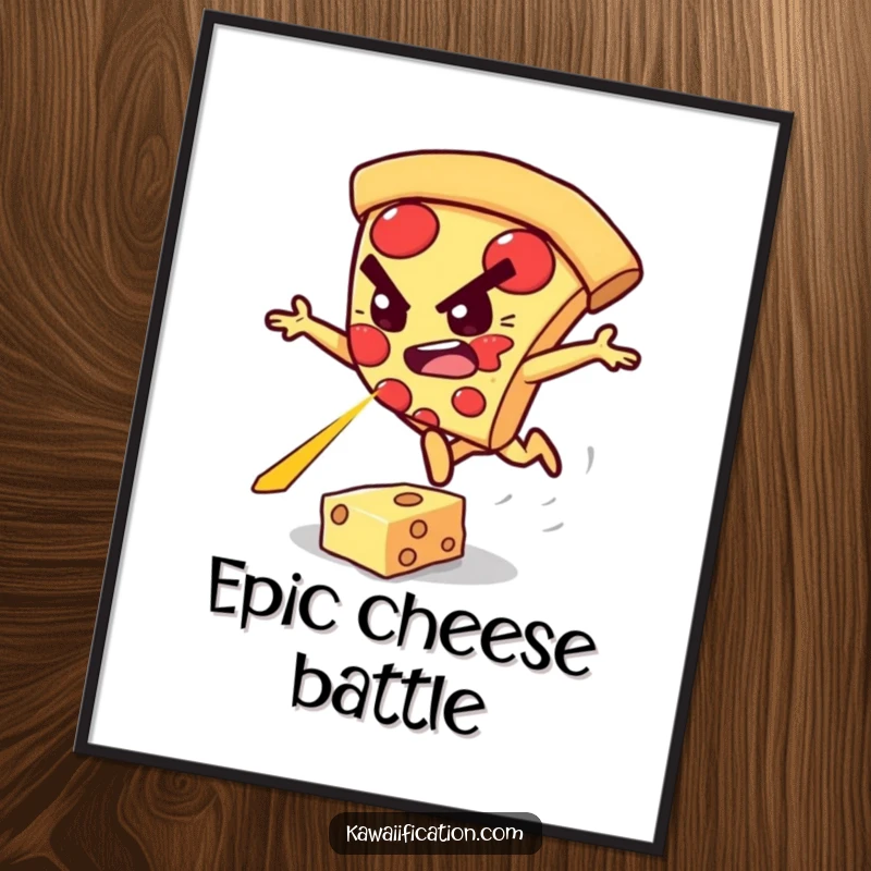 Funny digital art print of a determined pizza slice character leaping over a glowing cheese laser.