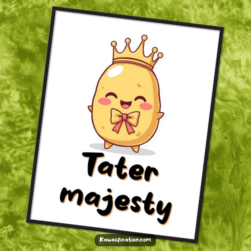 Funny digital art print of a potato character wearing a crown, bowing regally. Instant majestic decor.