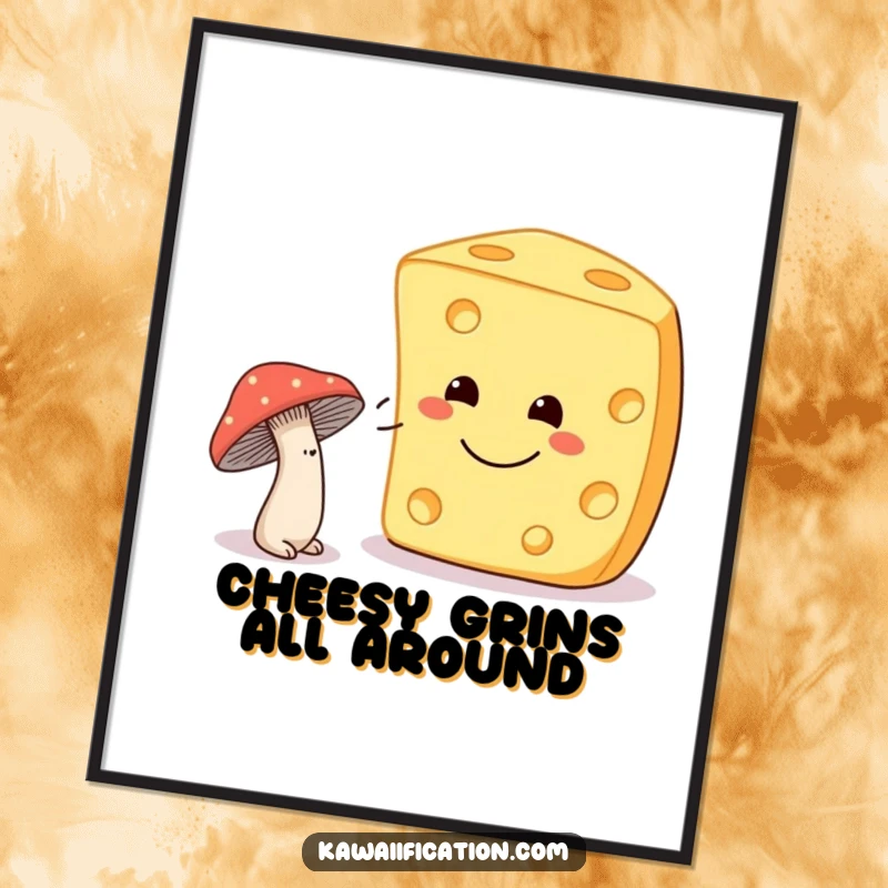 Funny shy mushroom winking at a smiling cheese as digital art, ready to print for charming and humorous decor.