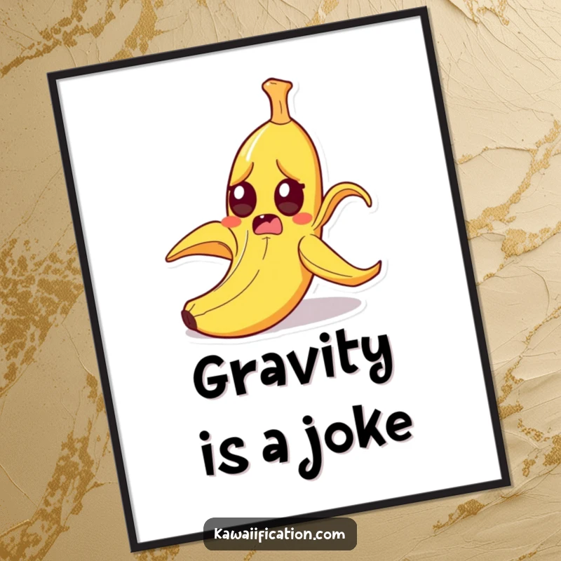 Funny startled banana peel slipping on itself with wide eyes, high-resolution digital art of a comical cartoon fall, ideal for a funny gift.