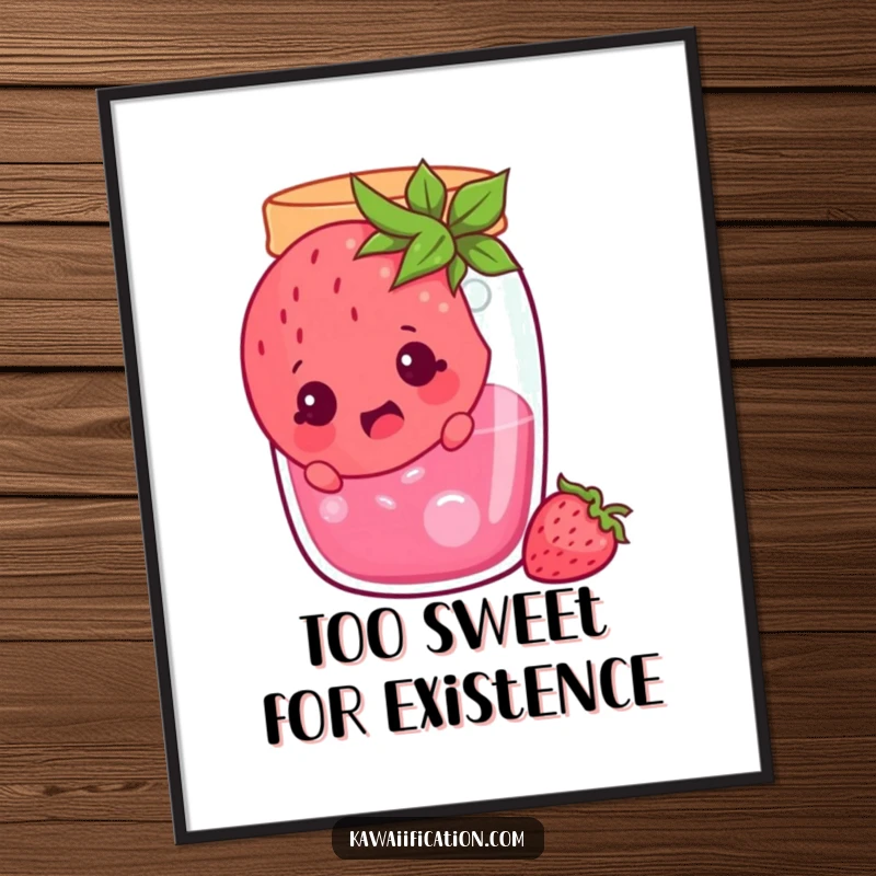 Funny cheerful strawberry stuck in a jam jar, looking surprised, high-resolution digital art of a comical fruit character, ideal for a funny gift.