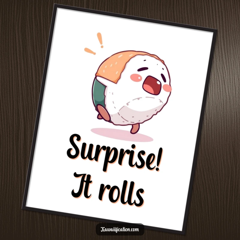 Funny digital art print of a startled sushi piece character doing a comical backflip, creating humorous and dynamic wall decor.