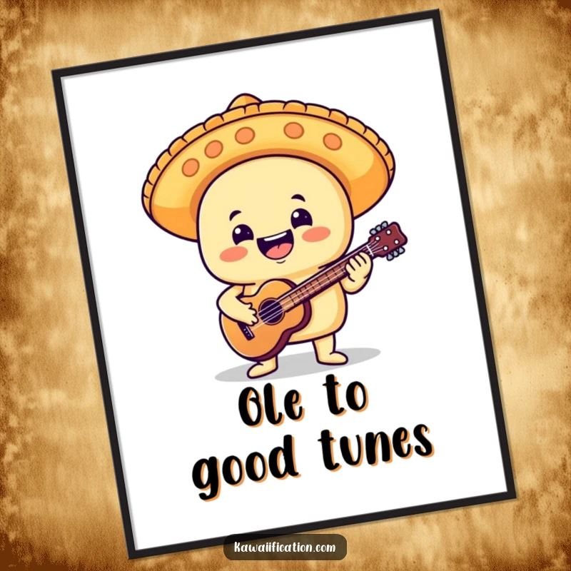 Funny digital art print of a delighted taco character in a mariachi hat, enthusiastically playing a tiny guitar, vibrant and full of life.