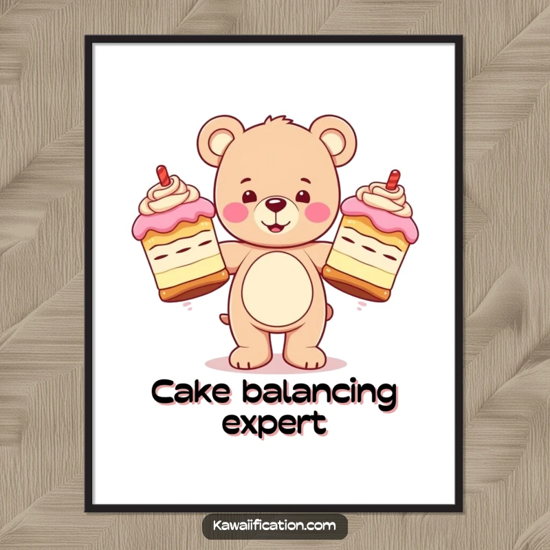 Funny digital art print of a happy teddy bear character juggling three oversized, wobbly cakes, bringing whimsical joy to any space.