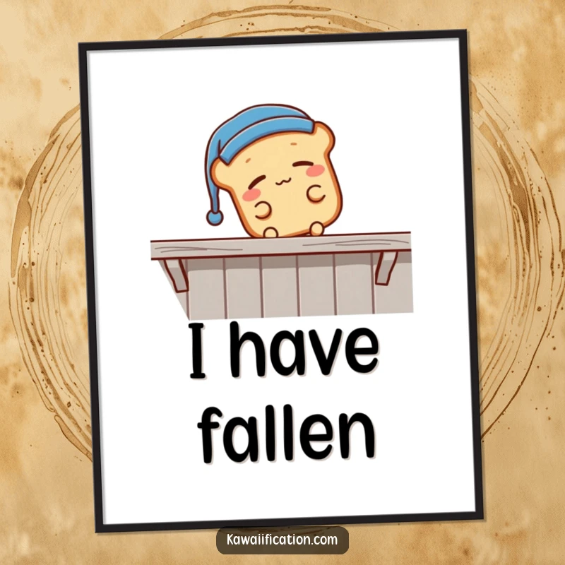 Funny sleepy bread loaf wearing a nightcap, falling off a shelf, high-resolution digital art of a comical sleeping character, ideal for a funny gift.