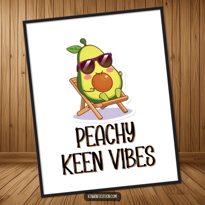 Funny smiling avocado character wearing sunglasses, lounging on a tiny beach chair, available as a high-resolution digital art print.