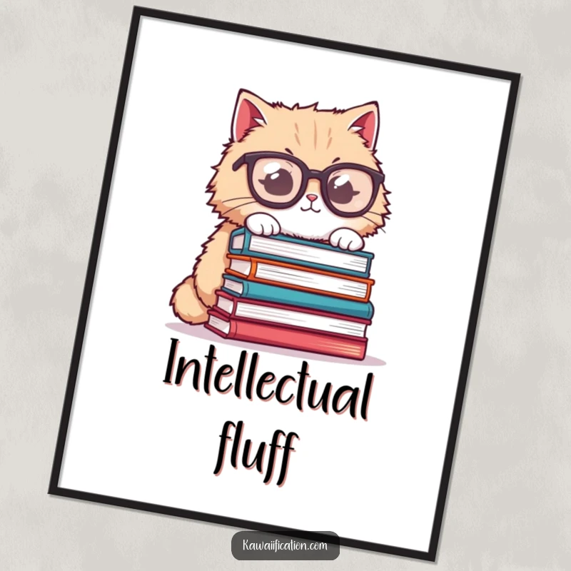 Funny cat digital art, fluffy cat wearing oversized glasses, attempting to balance books, humorous and intellectual decor.