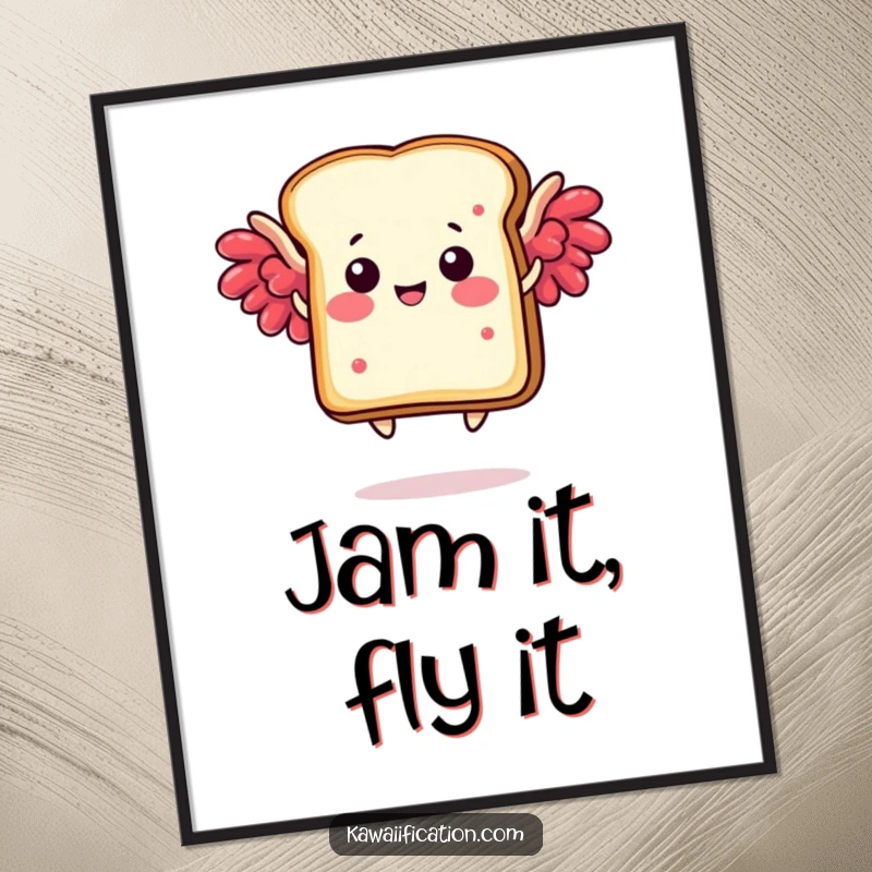 Funny digital art print of a happy toast slice with jam wings humorously taking flight, ready to add cheer.