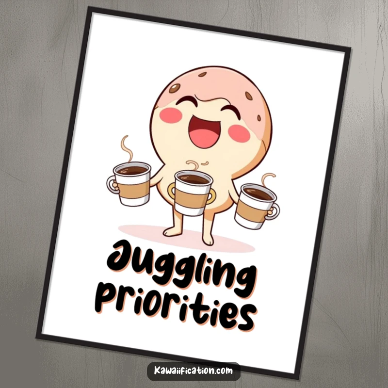 Funny digital art print of a laughing donut character comically juggling small coffee cups, ready to add sweetness.