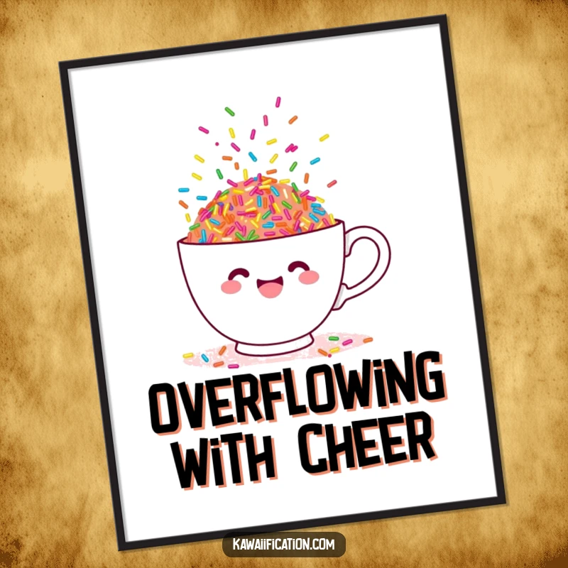 Funny digital art print of a teacup overflowing with colorful, dancing sprinkles, a whimsical and sweet artwork.