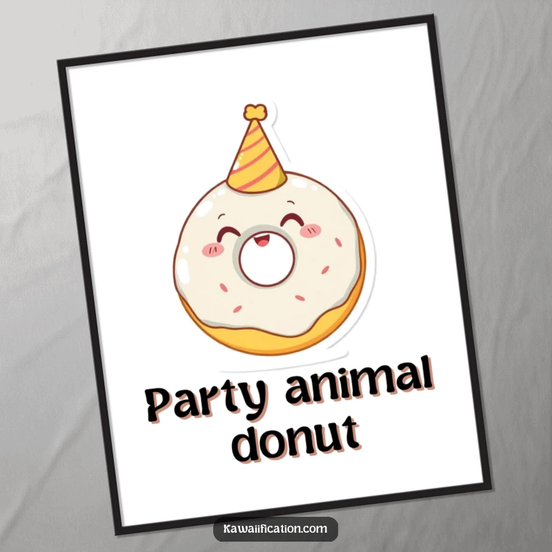 Funny digital art print of a delighted donut character trying to wear a tiny party hat, creating festive and humorous wall decor.