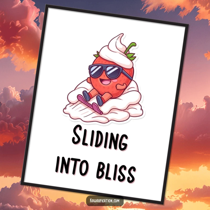 Funny digital art print of a happy strawberry character wearing sunglasses, dramatically sliding down a whipped cream mountain, full of joy.