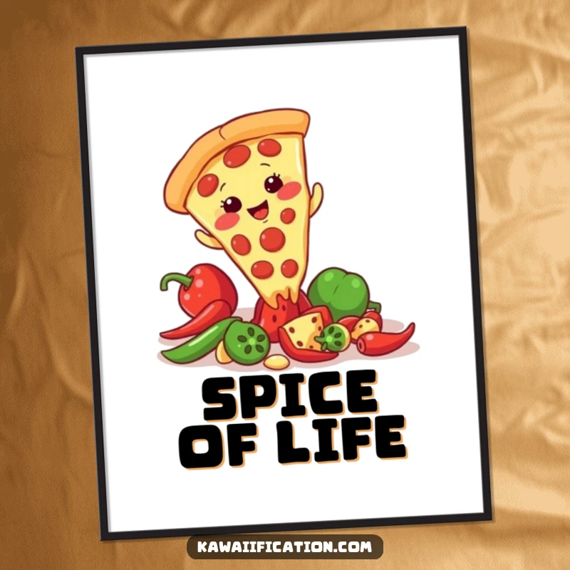 Funny digital art print of a giggling pizza slice character slipping on a scattered pepper, bringing whimsical joy to any space.