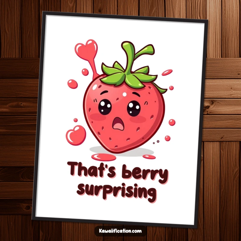 Funny Strawberry Surprise Digital Art piece showing a surprised strawberry character with juice splattering in a funny shape, for instant cheerful decor.