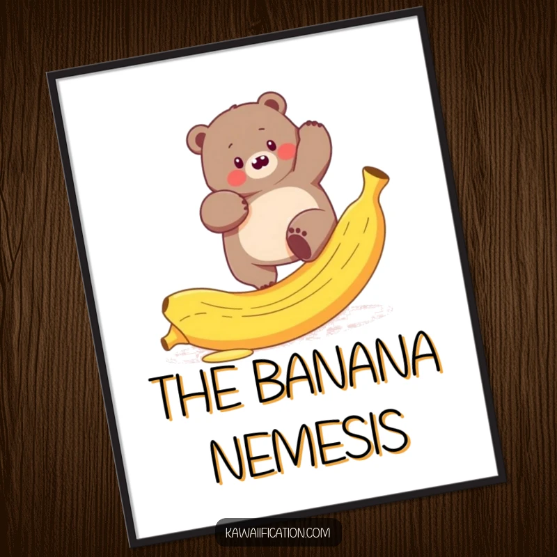 Funny digital art print of a plump bear hilariously trying to climb a slippery banana peel, a whimsical wildlife artwork.